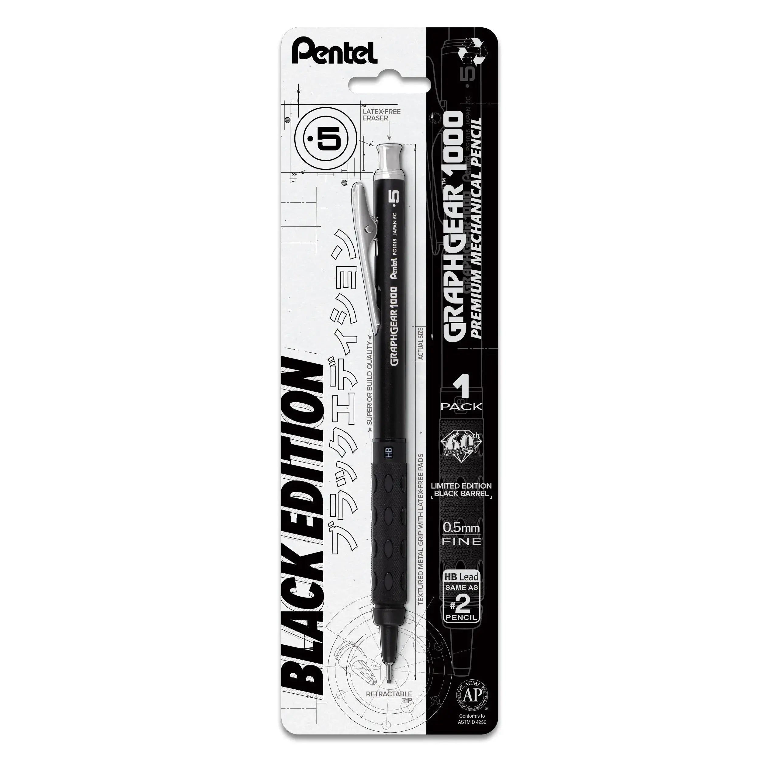 Limited black edition Pentel mechanical pencil with 0.5mm fine lead, designed for drafting and precision writing, part of premium writing tools with a lifetime warranty.