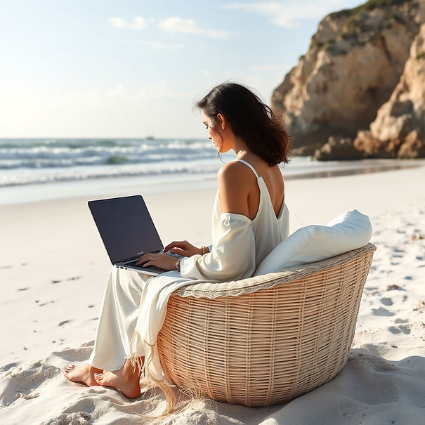 ocean zen truoiseavec un cocotier ,une grande plage de sable blanc , une femme assise sur 