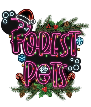 Forest Pets logo with Christmas theme featuring festive decorations.
