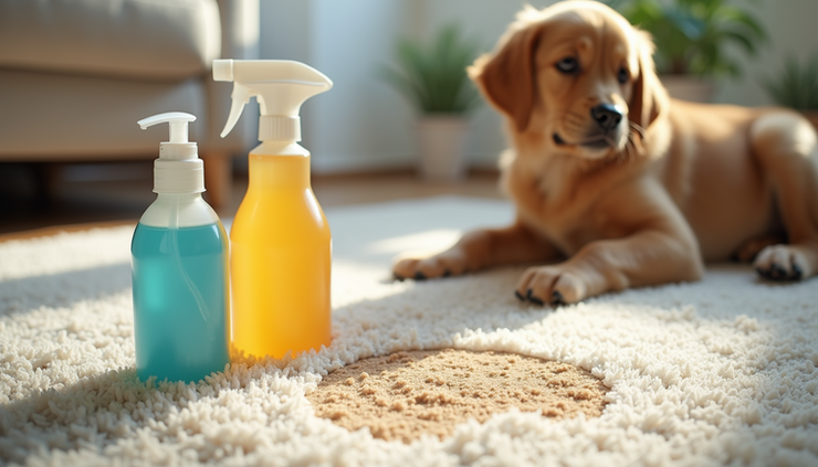 High angle view of cleaning supplies next to a puppy accident spot on carpet