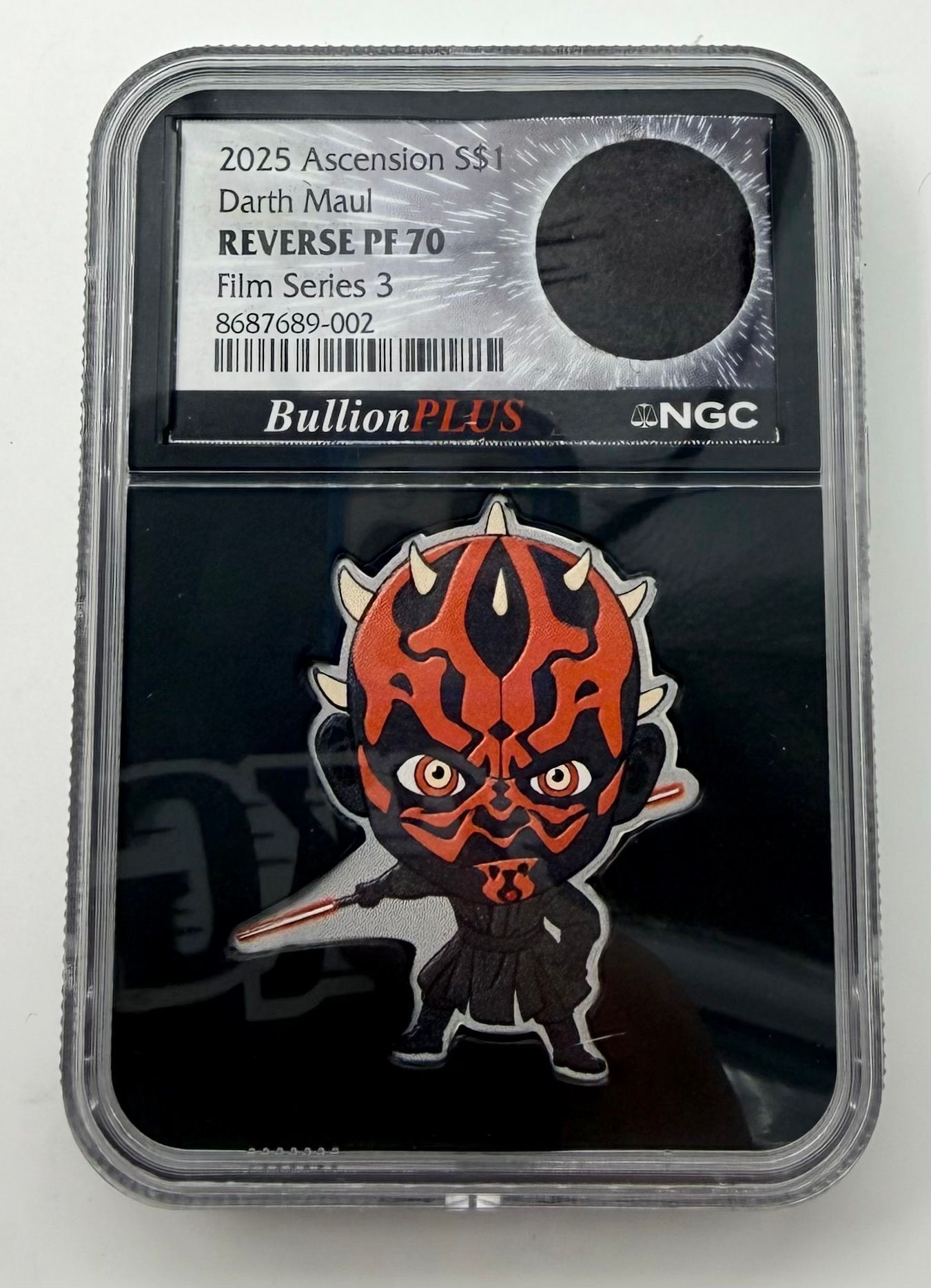 2025 BullionPlus Film Series 3 NGC RevPF70 Darth Maul 1oz Silver W/ Jedi Robe