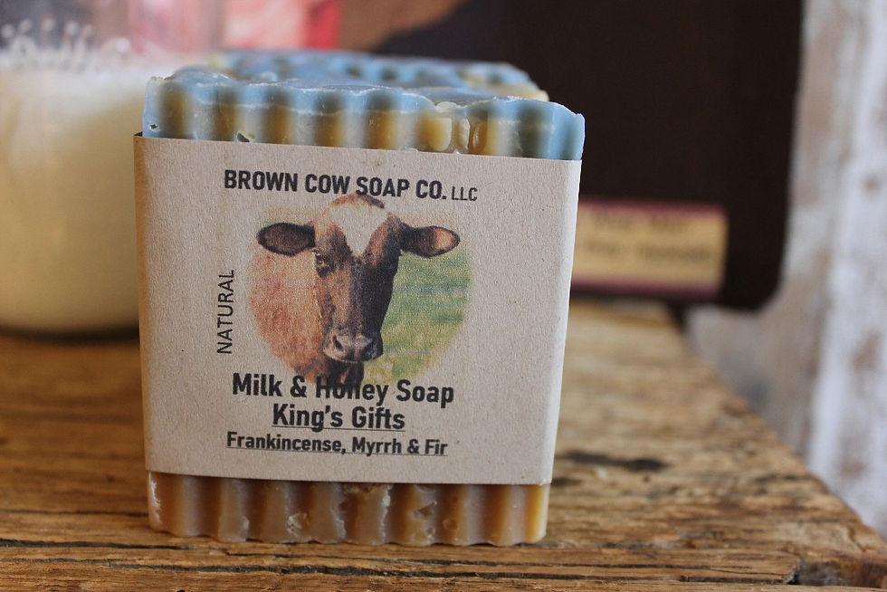bar soap with brown cow soap company label on front