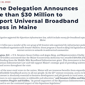 Maine Delegation Announces More than $30 Million to Support Universal Broadband Access in Maine
