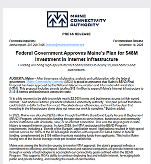 PRESS RELEASE: Federal Government Approves Maine’s Plan for $48M Investment in Internet Infrastructure