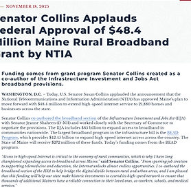 Senator Collins Applauds Federal Approval of $48.4 Million Maine Rural Broadband Grant by NTIA
