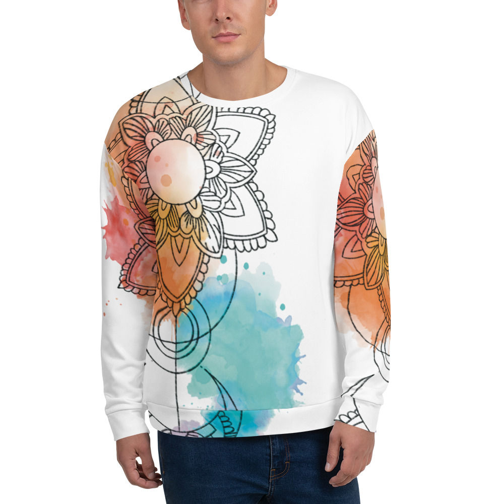 A mandala based design with water color style back splashes in red, orange, yellow, blue and purple on a white unisex sweat shirt in various sizes.