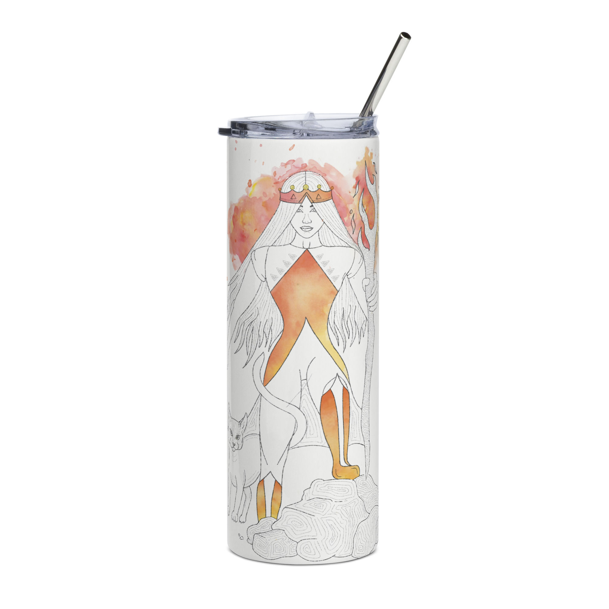 22 oz, white, stainless steel tumbler with stainless steel straw, featuring a tarot card inspired design of the Queen of Wands, illustrated in black outline with orange and yellow water color, this queen is surrounded by blazing fire.