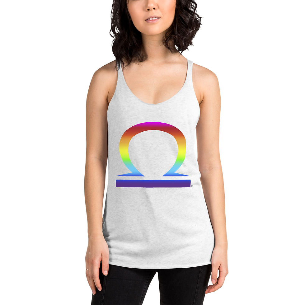 थंबनेल: Comfort razor back, sleeveless tank top available in black or white, featuring the Libra zodiac symbol in full rainbow spectrum. Great for Casual or workout wear. Womans
