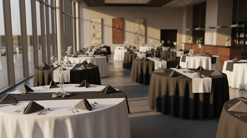Eye-level view of neatly arranged white and black linens on round tables