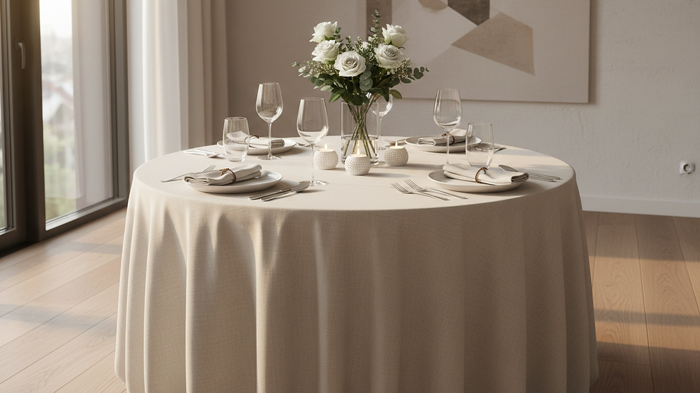 Eye-level view of a round table set with white linen and simple centerpiece