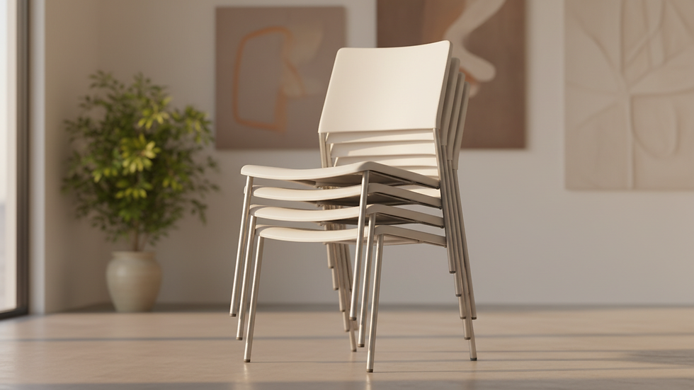 Close-up view of white plastic folding chairs stacked neatly indoors