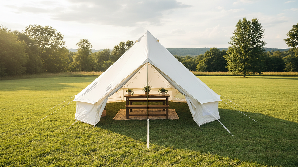 High angle view of a 10x10 white event tent set up on a grassy area