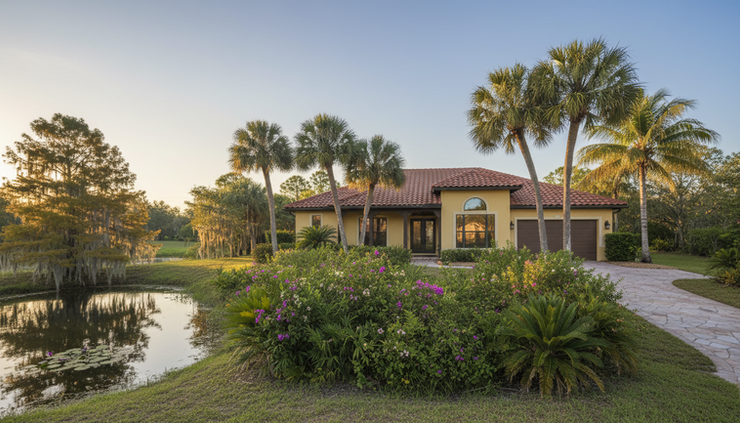 Wide-angle view of a Florida home bordered by palm trees and thick shrubs near a pond.