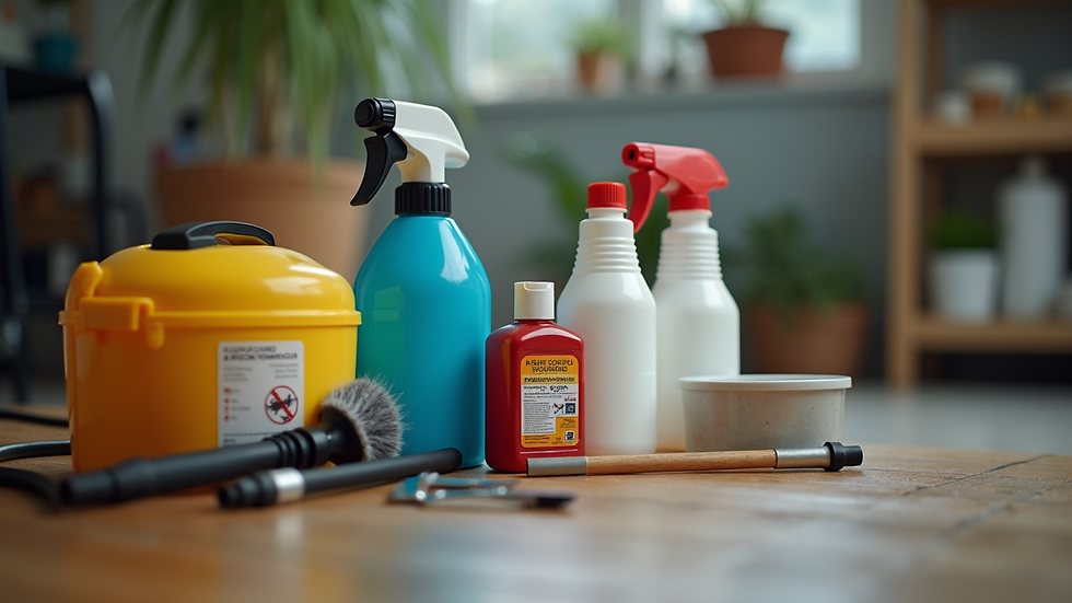 Close-up view of pest control products and equipment ready for use