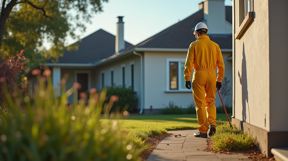 Eye-level view of a pest control technician inspecting a residential property