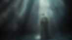Pope Francis standing in the dark, serenely bathed in ethereal light from above, embodying a moment of divine reflection.