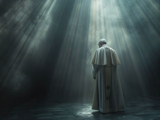 Pope Francis standing in the dark, serenely bathed in ethereal light from above, embodying a moment of divine reflection.