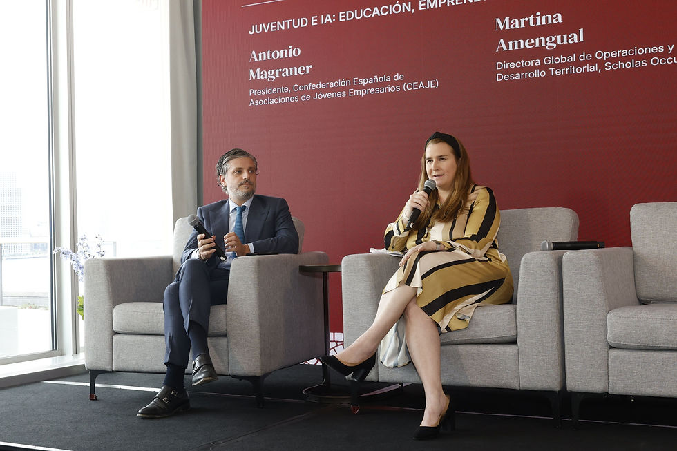Antonio Magraner, President of the Spanish Confederation of Young Entrepreneurs Associations (CEAJE), and Martina Amengual, Global Director of Operations and Territorial Development at Scholas Occurrentes, during a conversation panel at Cumbre de Impacto Iberoamericano 2026. Photo by David Nicholas. Courtesy of PVBLIC.