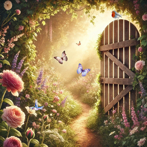 A magical garden scene with sunlight streaming through vibrant flowers, an open wooden gate framed by lush greenery, and a winding dirt path leading into the distance. A bluebird perches on the gate, a hummingbird hovers near pink blooms, and butterflies flit gracefully through the air, evoking a sense of enchantment and serenity
