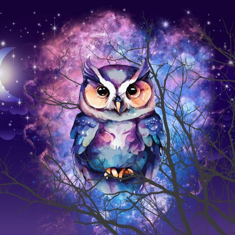 A vibrant owl with celestial-inspired plumage in shades of indigo, violet, and pink, perched on dark tree branches against a nebula-like, starry night sky. The crescent moon glows softly in the background, enhancing the owl's vivid amber eyes and the cosmic atmosphere of the scene.