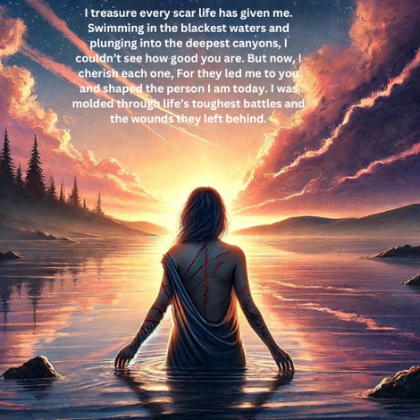 An ethereal scene of a woman wading into tranquil waters at sunrise, her scars visible as symbols of resilience and healing. The golden light reflects off the still lake, evoking a sense of baptismal renewal and rebirth, surrounded by a serene landscape of mountains and trees.