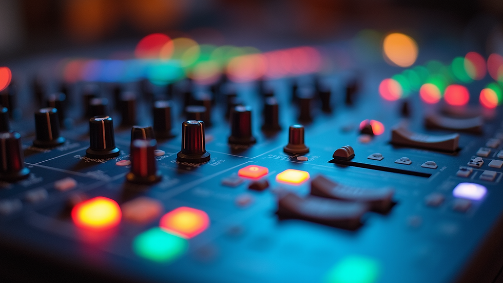 Close-up view of a mixing console with colorful knobs and sliders