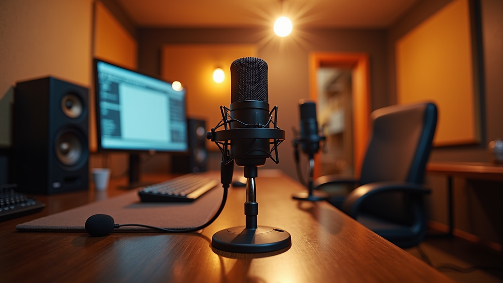 Eye-level view of a cozy podcast studio with microphones and soundproof walls
