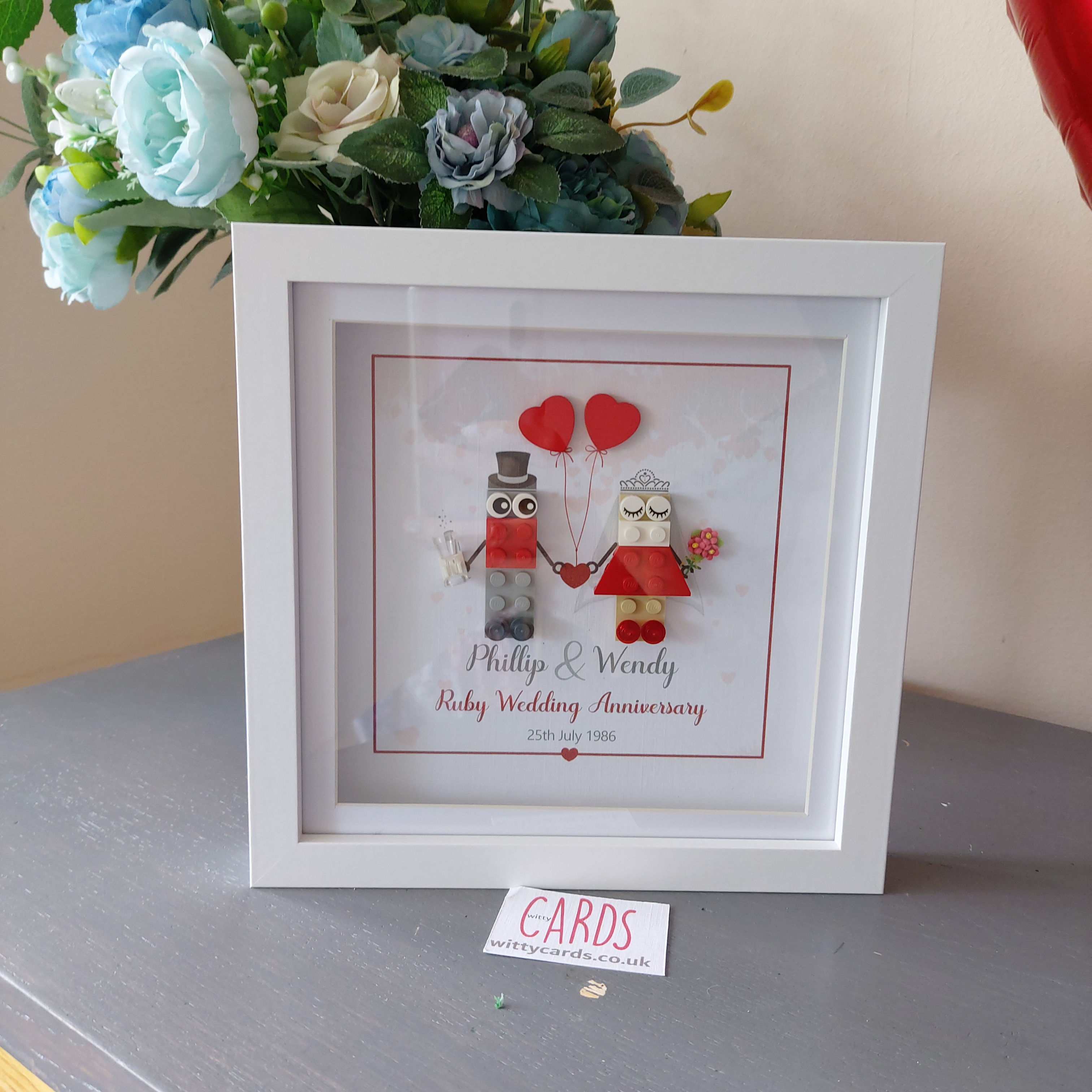 Lego couple personalised heart balloon Ruby wedding anniversary art frame