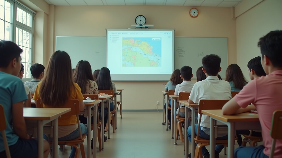 Eye-level view of a classroom filled with students engaged in learning