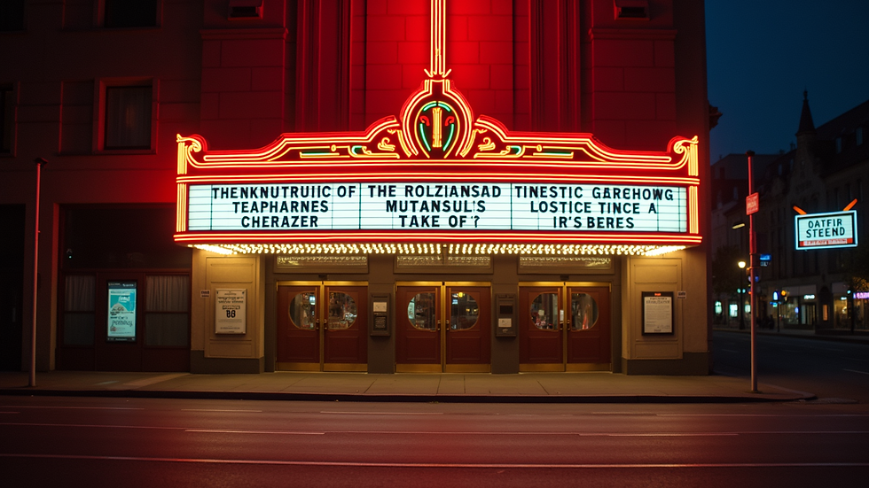 Eye-level view of a cinema marquee displaying the latest movie titles