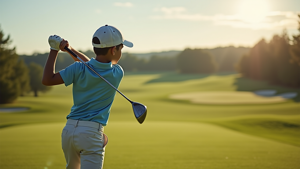 Eye-level view of a junior golfer practicing their swing on the driving range