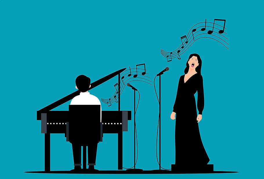 drawing of singer and pianist