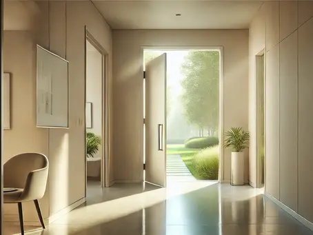 Open door leading to a bright garden path, symbolizing a business owner’s journey into a new phase.
