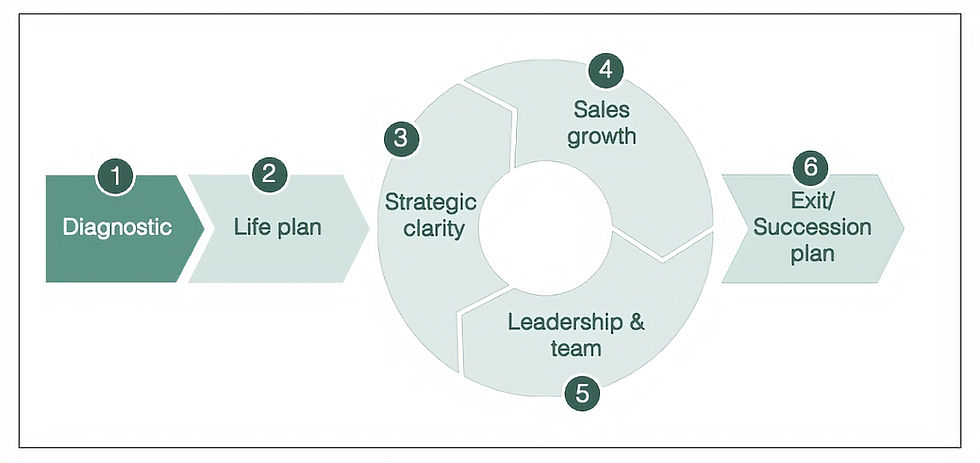 This visual outlines the six-stage Business Freedom Framework (BFF), a proven methodology for helping business owners increase company value and prepare for a successful exit or transition. The journey begins with diagnostic assessments, followed by life planning, strategic clarity, sales growth, leadership development, and culminates in a well-defined exit or succession plan. The framework is designed to reduce owner dependency and build a business that can grow and thrive independently — ideal for founders navigating the the next chapter of their lives.
