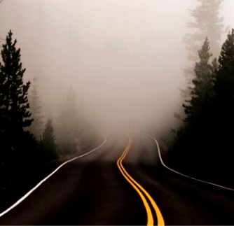 A fog-covered mountain road symbolizing uncertainty and limited visibility — representing the challenges of decision-making during times of crisis and change.