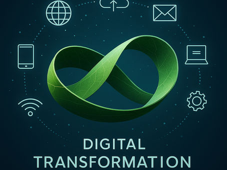 A green Möbius strip floating in space, surrounded by digital icons — symbolizing the continuous, non-linear nature of digital transformation and the mindset shift required to adapt and lead through change.
