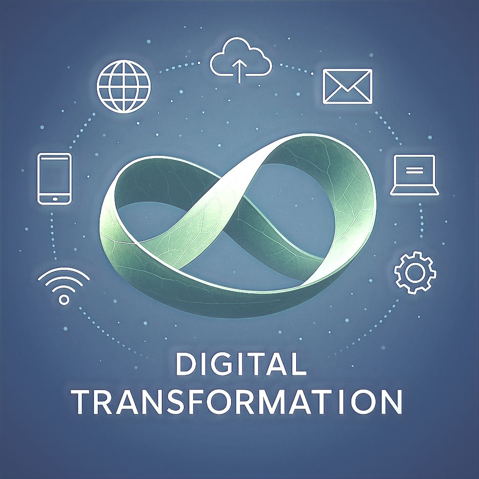 A green Möbius strip floating in space, surrounded by digital icons — symbolizing the continuous, non-linear nature of digital transformation and the mindset shift required to adapt and lead through change.