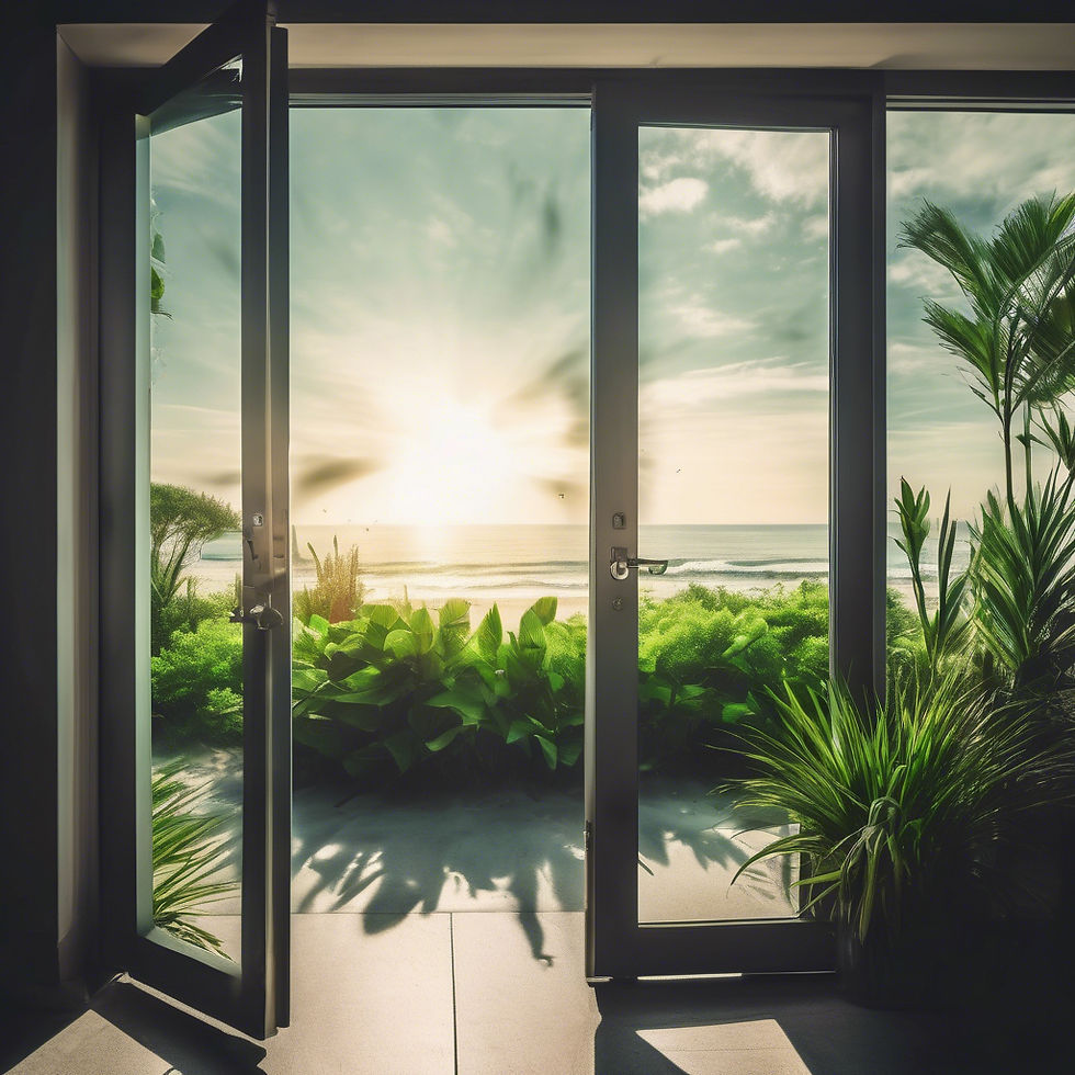 A sunlit double door opens to a lush garden and ocean view, symbolising how exit planning creates freedom, future choices, and a business that serves your life.