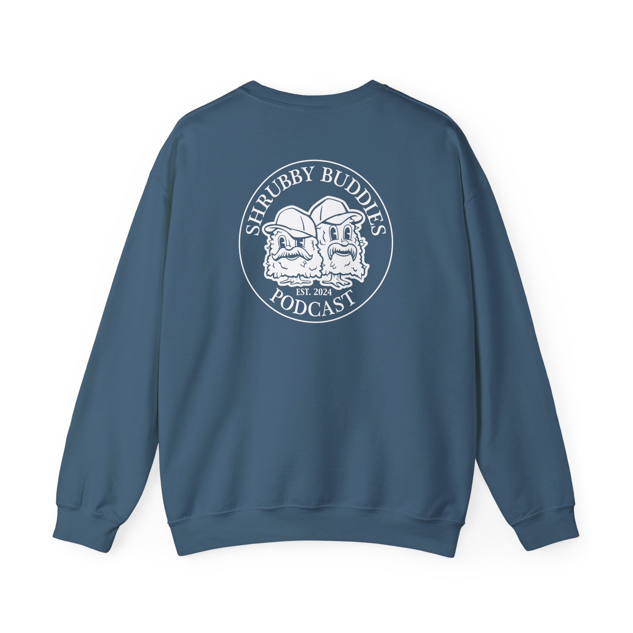 Shrubby Buddies Podcast Crewneck Sweatshirt | Green Cartoon Plants, Back Logo