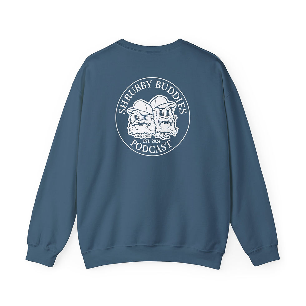 Thumbnail: Shrubby Buddies Podcast Crewneck Sweatshirt | Green Cartoon Plants, Back Logo