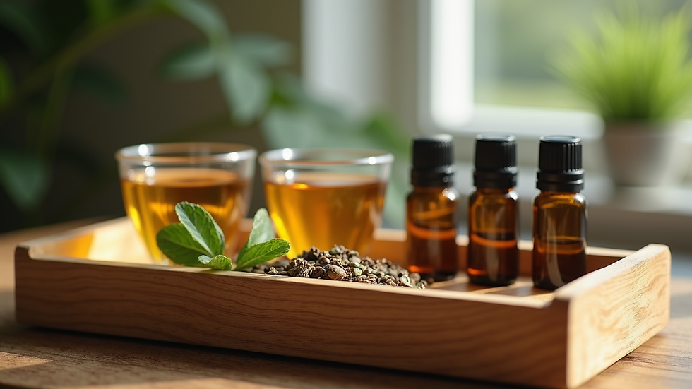 Close-up of a wooden tray with herbal teas and essential oils