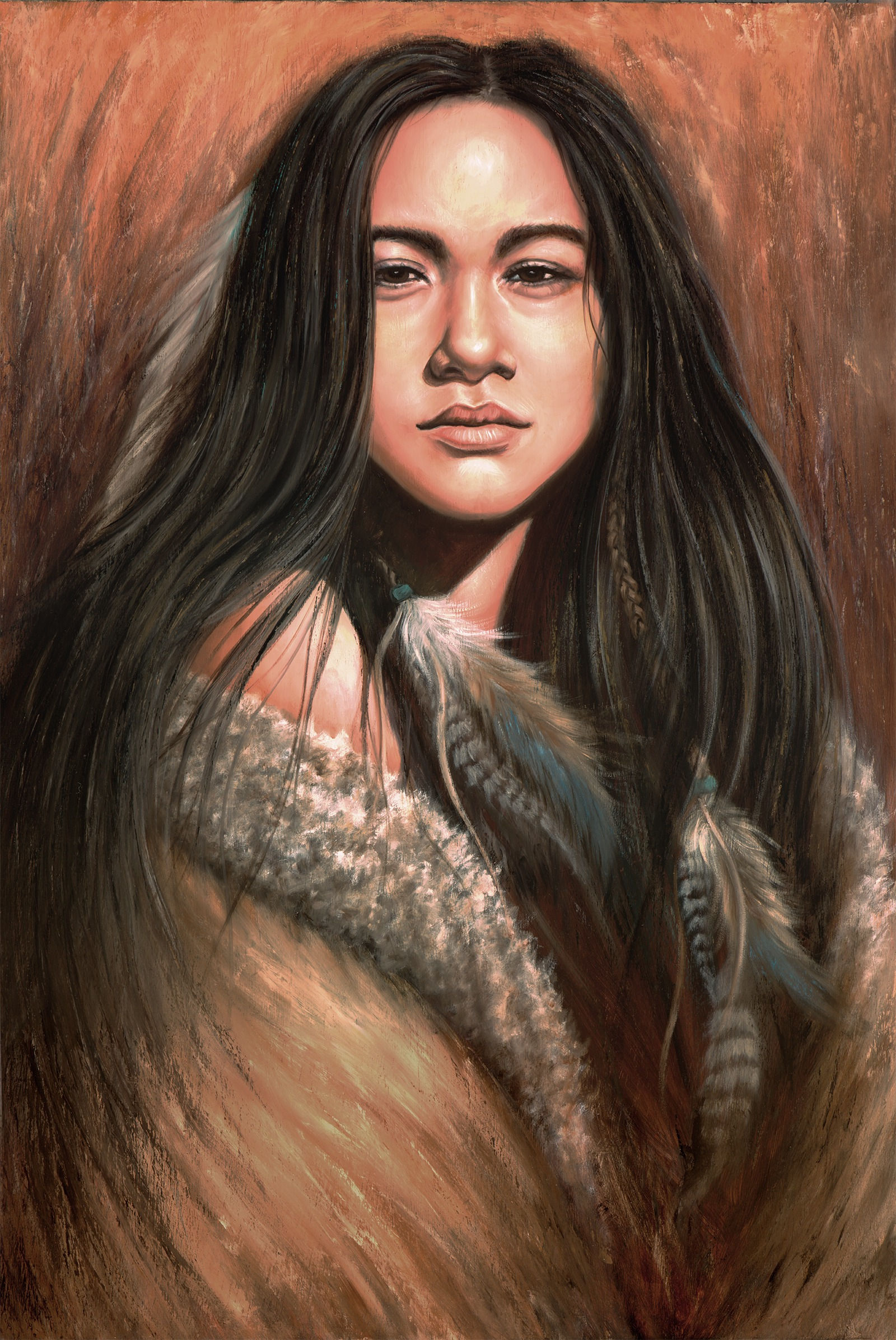 Awakened Light Native American female portrait painting by artist Travis Knight