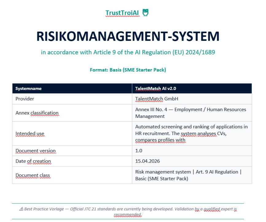 Shows the professional document output with completed sections, table of contents, and TrustTroiAI formatting