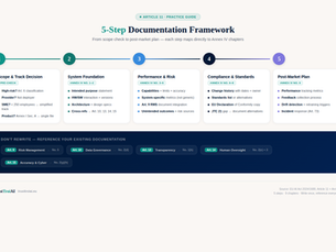 Infographic showing a 5-step framework for building Article 11 technical documentation — from scope check to post-market monitoring plan, with Annex IV chapter mapping