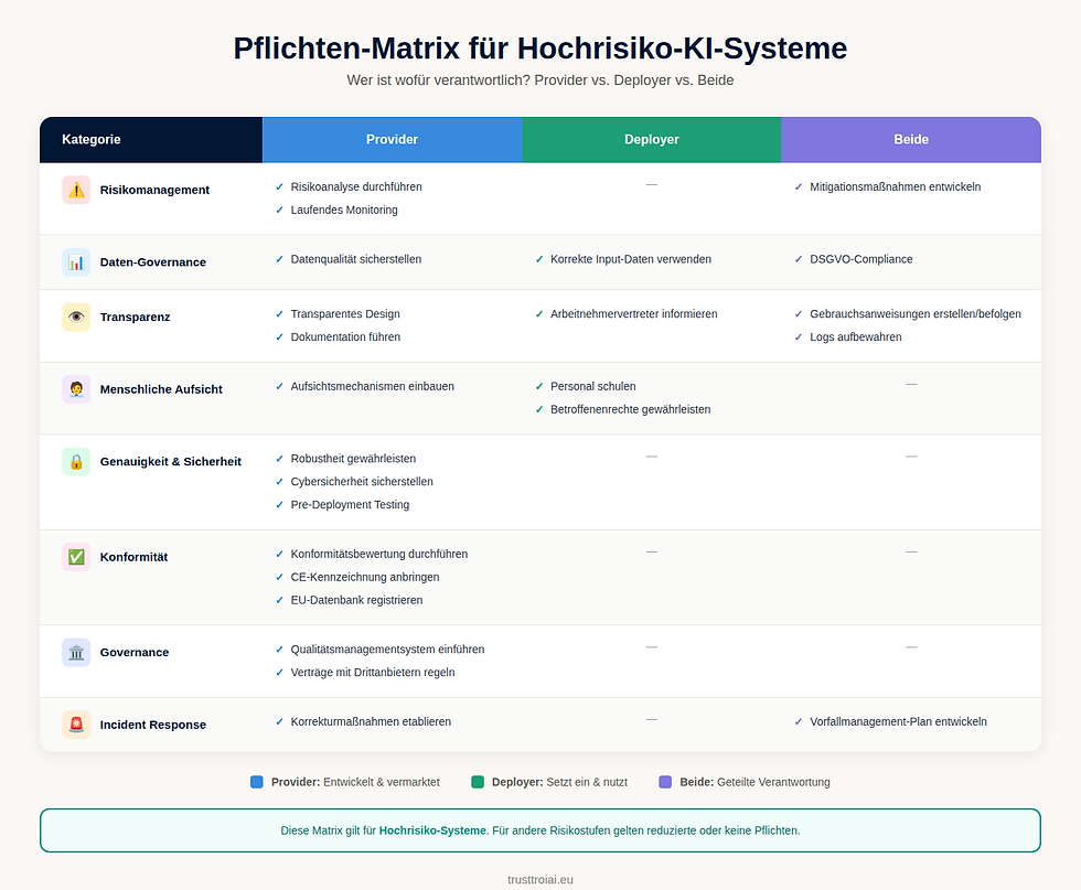 Pflichten-Matrix für Hochrisiko-KI-Systeme, zeigt Verantwortlichkeiten in Kategorien wie Risikomanagement und Sicherheit. Tabellenlayout mit Symbolen.