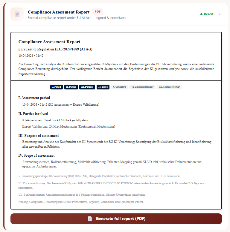 Bruno's expert validation produces a signed compliance report — citing specific legal articles, covering the project's obligations, and carrying the signatures of both the TrustTroiAI assessment and the validating legal expert.
