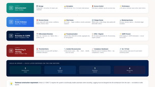 Infographic showing a 4-layer logging architecture for high-risk AI systems — Infrastructure, Event Schemas, Retention & GDPR, and Monitoring & Alerting, with role assignments per layer