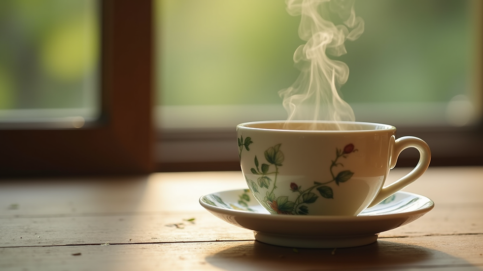 Close-up view of a peaceful herbal tea cup on a wooden table