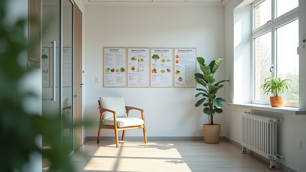 Eye-level view of a consultation room with nutrition charts on the wall