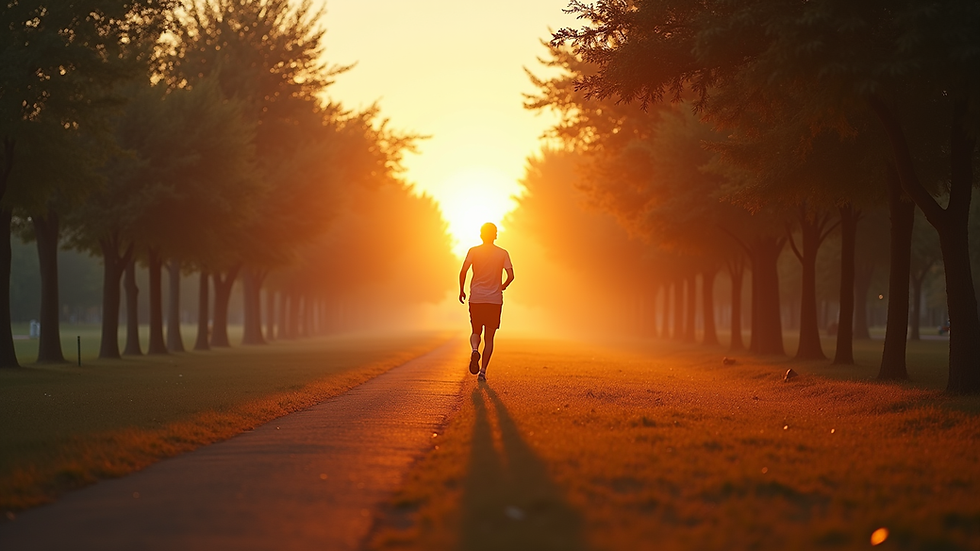 Vista aérea de una persona corriendo en un parque al amanecer